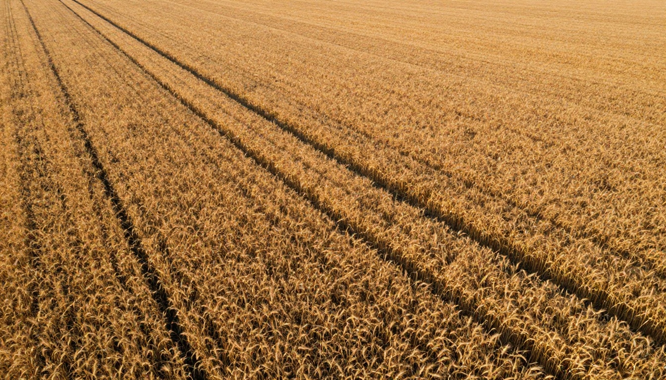 Aerial drone shot looking straight down at a vast golden wheat field with a dirt path cutting diagonally