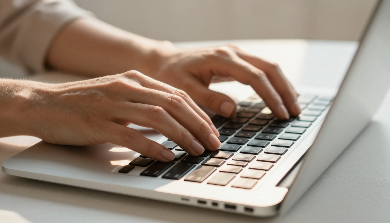 Close-up of hands typing confidently on laptop keyboard with morning sunlight