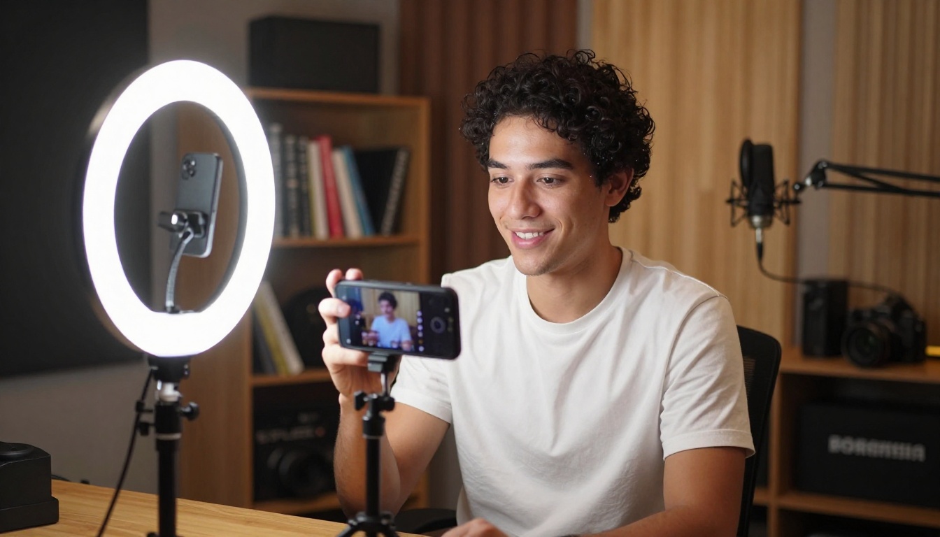 Male content creator in home studio holding smartphone showing video results with satisfied expression