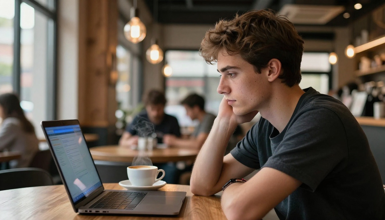 Young man at a cafe laptop in thoughtful pose with warm Edison bulb lighting