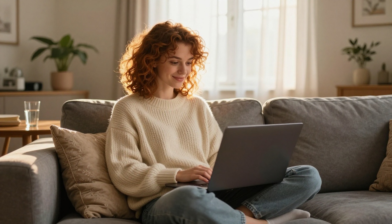 Woman relaxing on sofa with laptop generating AI video content