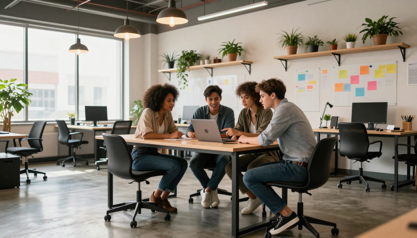 Diverse team of three creative professionals reviewing video content together on laptop in modern office