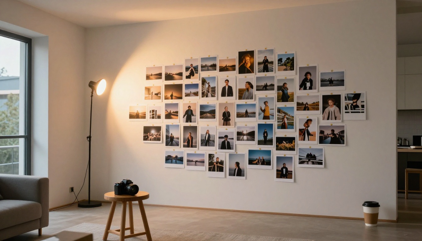 Modern minimalist living room used as a photography mood board workspace, wall covered with printed photographs