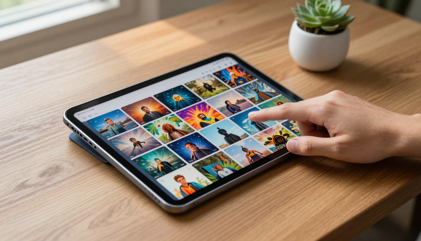 Tablet on wooden table showing AI video thumbnail previews