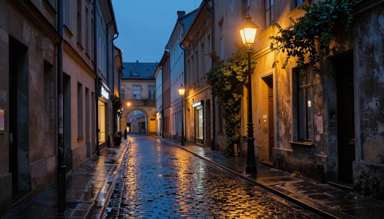 Cinematic cobblestone European alley at blue hour with warm lamp post reflections in wet pavement