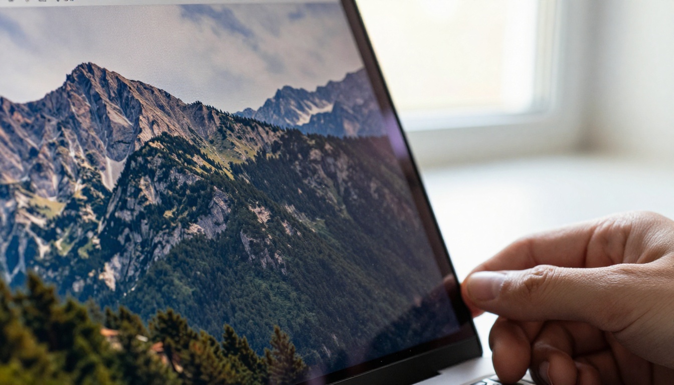 Close-up macro shot of a laptop screen displaying an AI-generated mountain landscape in a browser interface