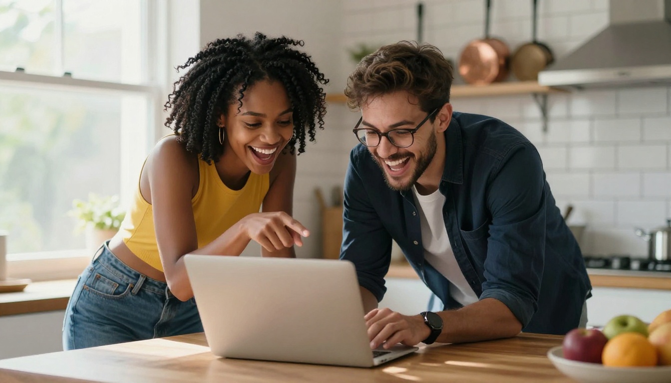 Two friends excited together reviewing AI-generated video results on laptop