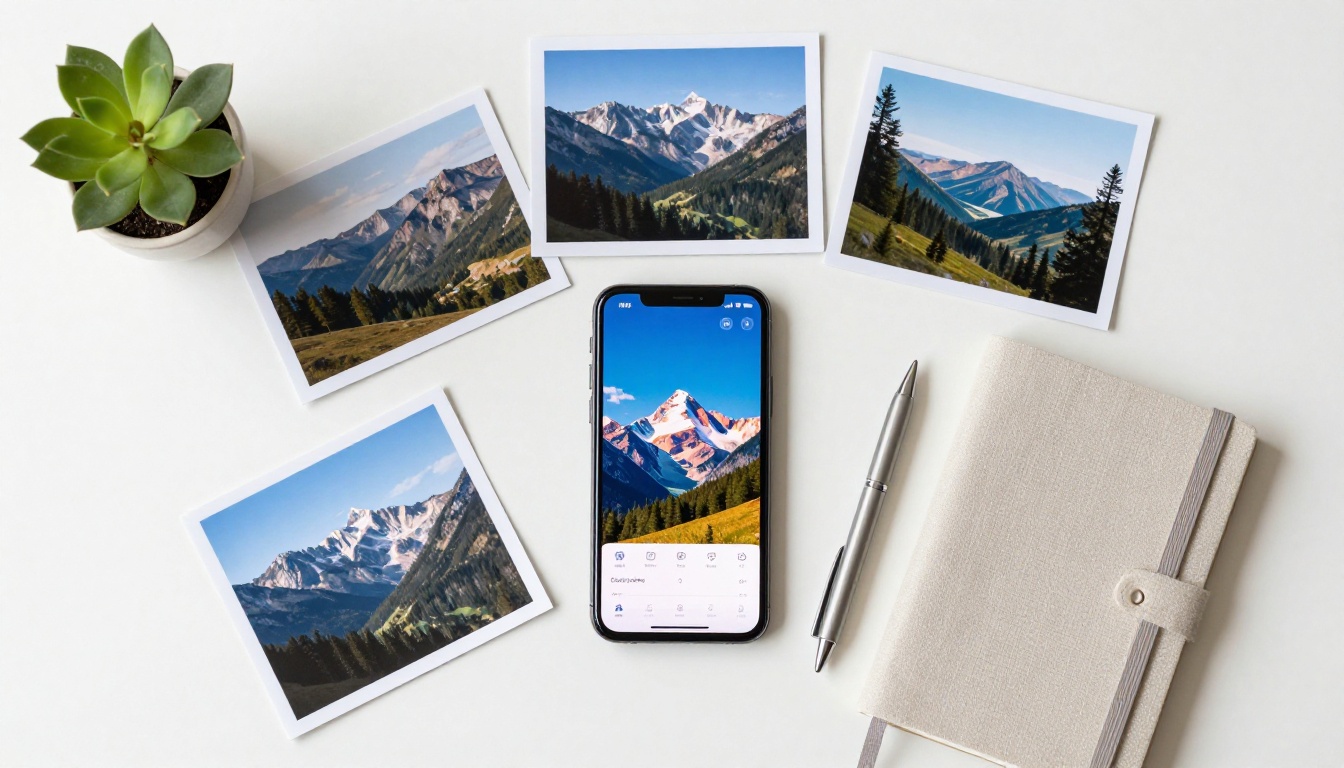 Overhead flat-lay shot of a smartphone showing an AI image interface surrounded by printed photos and a linen notebook