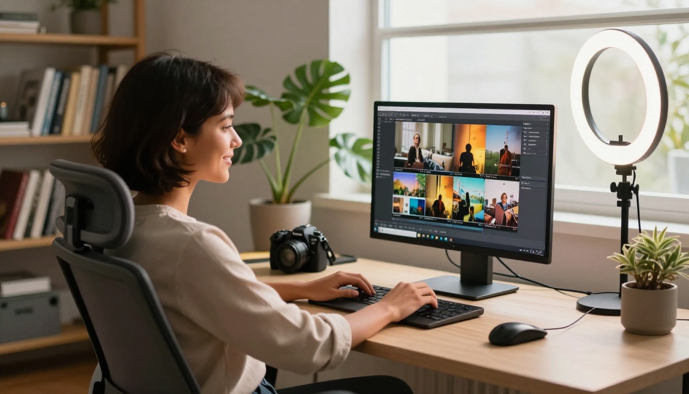 Creative professional satisfied reviewing completed AI video projects on screen