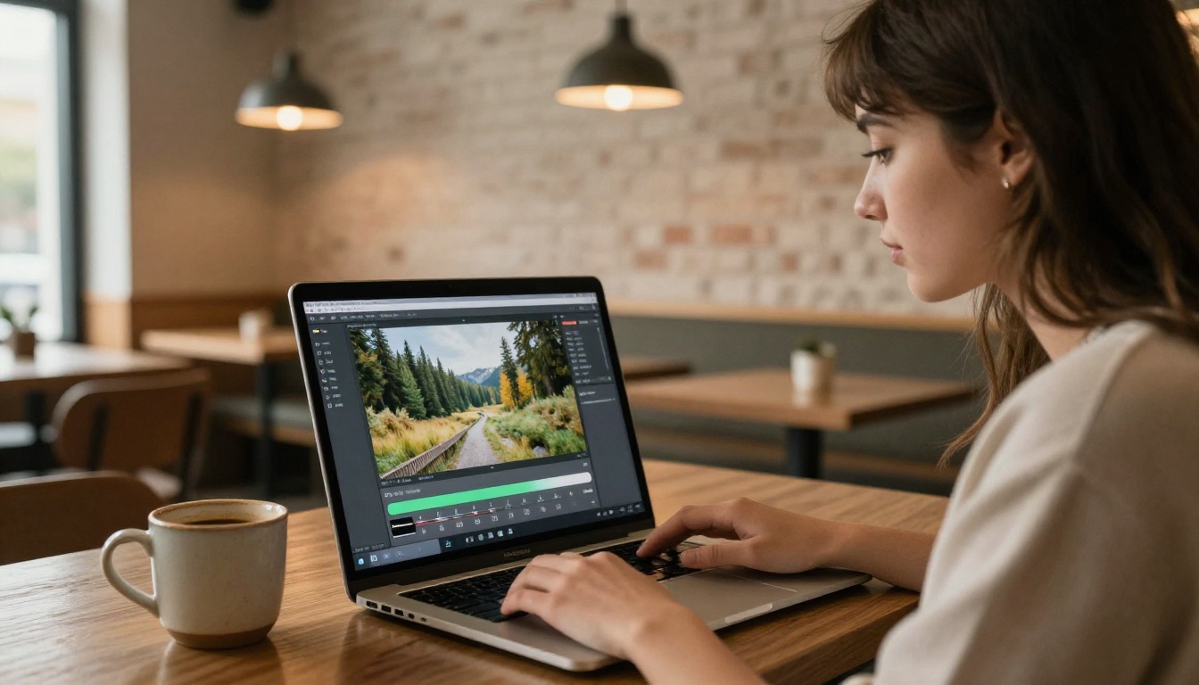 Woman using AI photo animation app on laptop in cafe