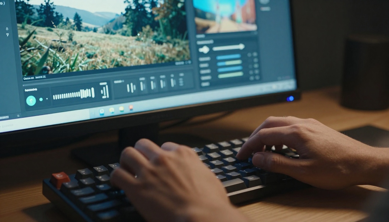 Close-up of hands at keyboard with AI video interface visible on monitor