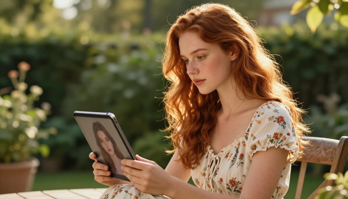 Woman viewing AI-edited photo on tablet outdoors
