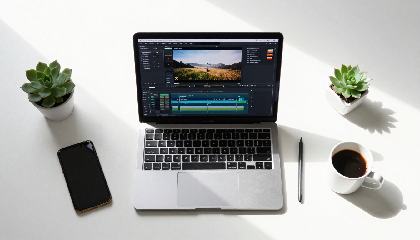 Aerial view of flat-lay workspace with MacBook showing video editing timeline