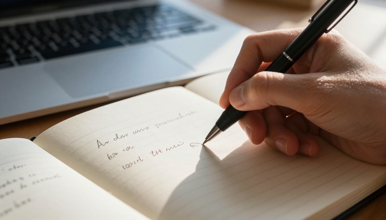 Close-up of a hand writing a text prompt in a notebook with soft natural light
