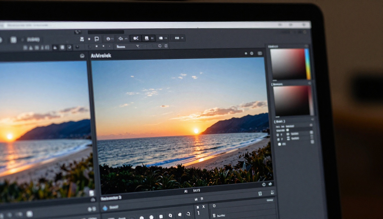 Monitor displaying before and after AI image edit comparison