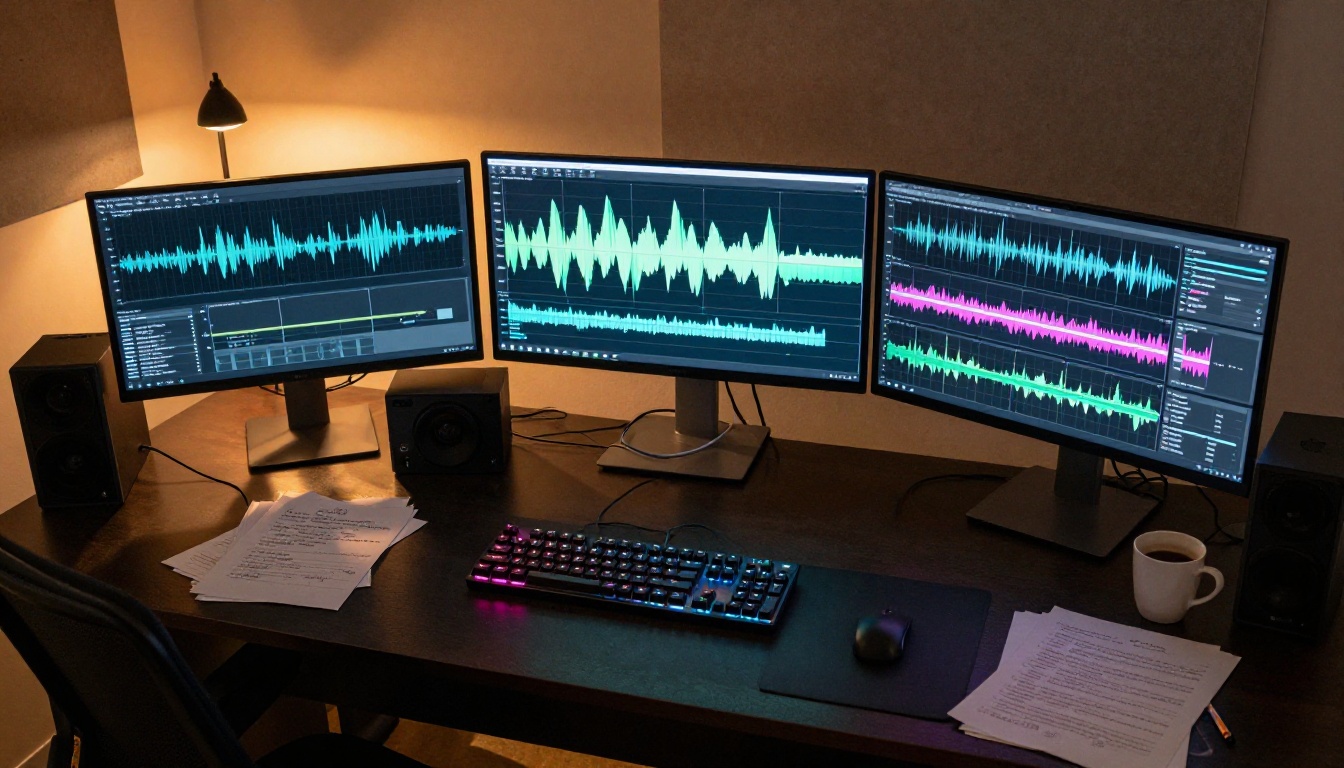 Aerial bird's-eye view of a creative studio workstation with multiple monitors