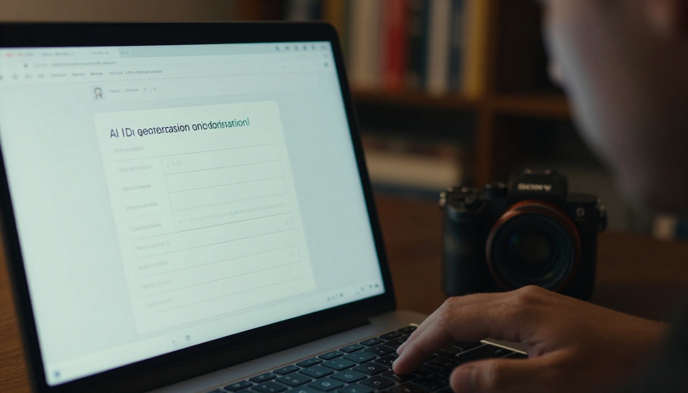 AI video generation interface on a laptop screen in a dimly lit room