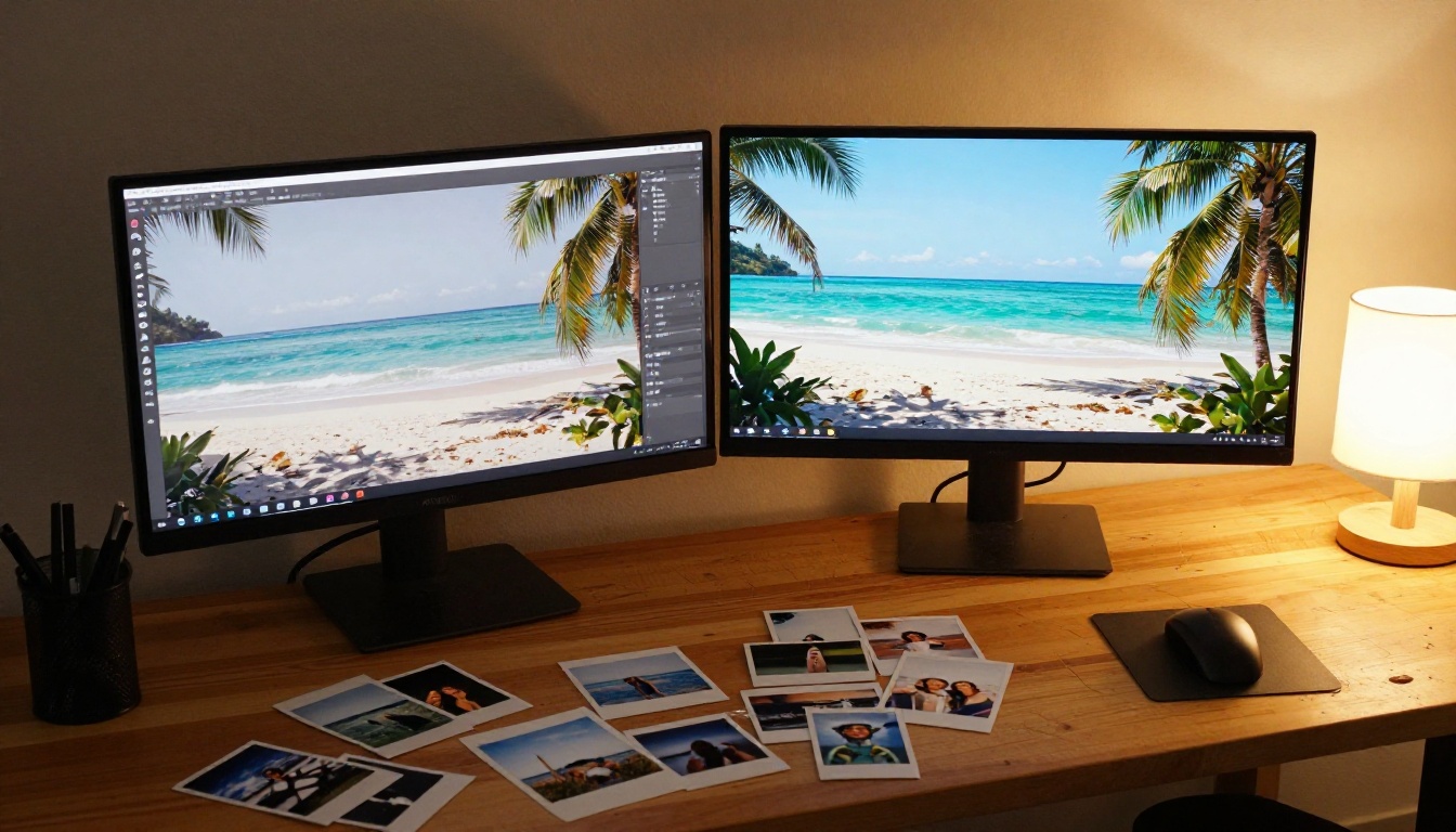 Dual monitor desk showing AI image before and after editing