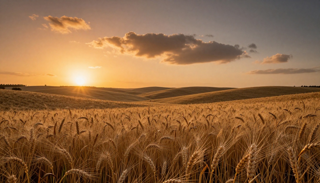 Sweeping landscape of golden wheat fields at sunset with volumetric light rays