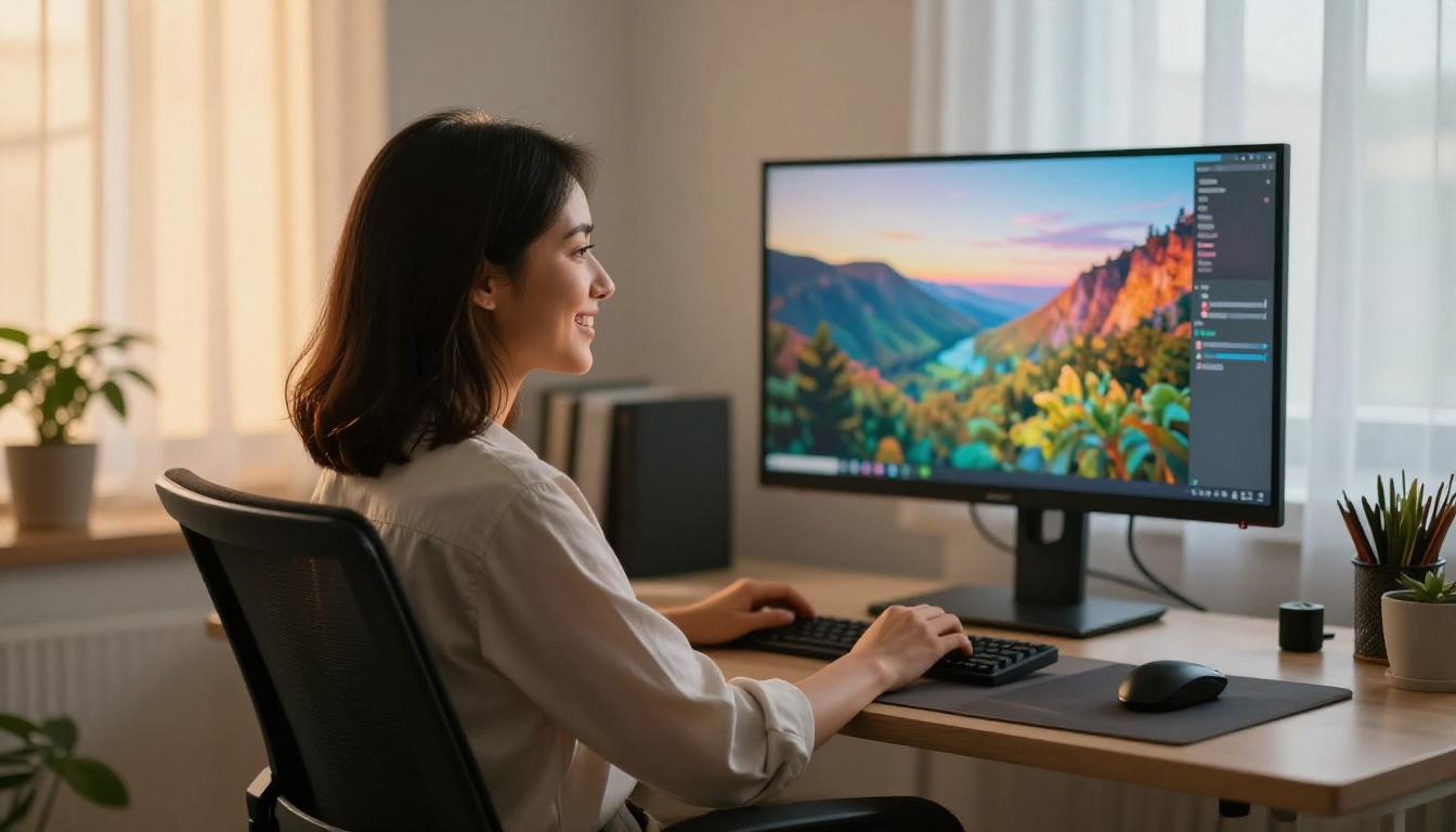 Young woman looking at a video playing on a widescreen monitor with warm afternoon light