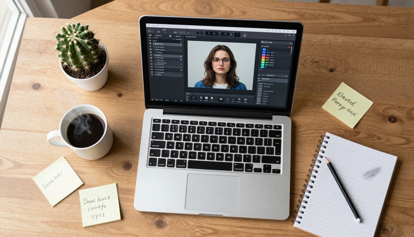 Creative workspace flat-lay with laptop and coffee