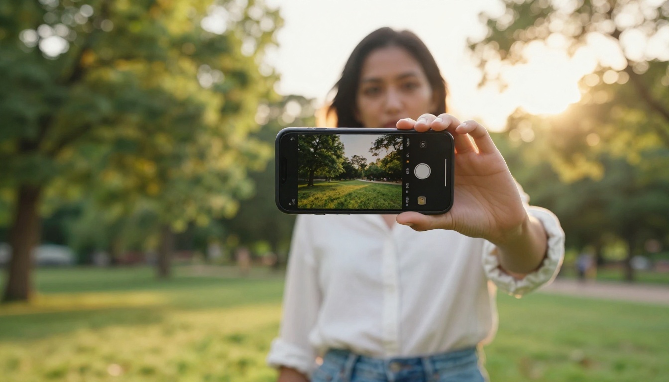 Woman standing in park holding smartphone showing photo animation app