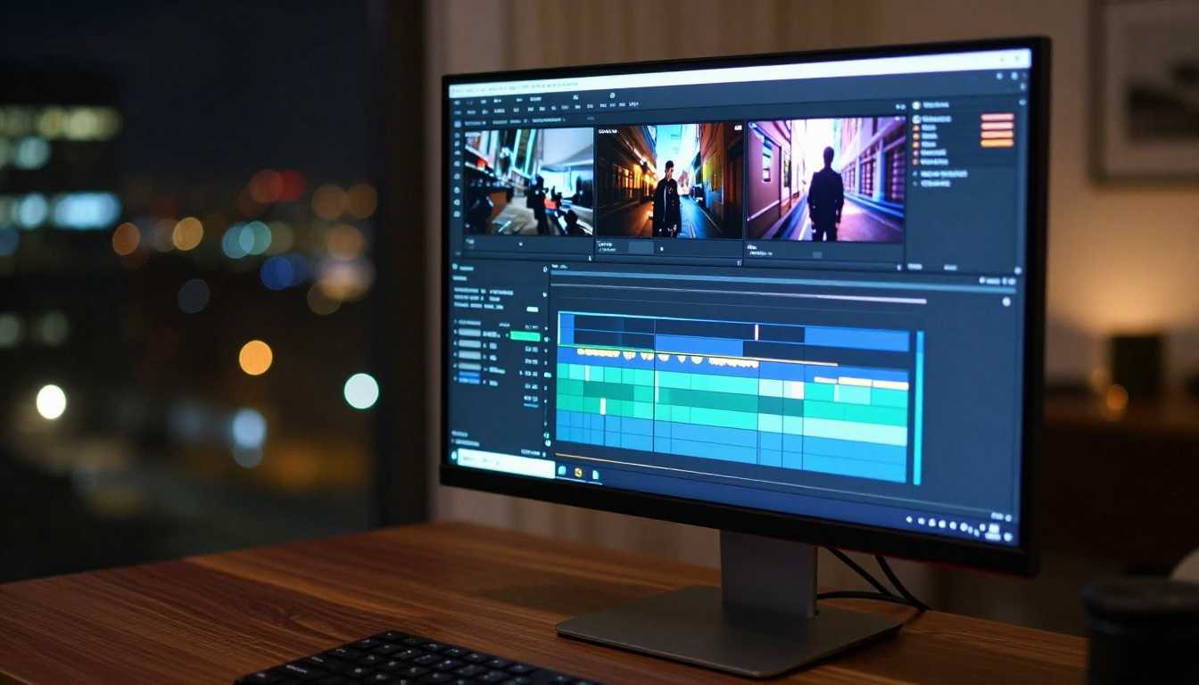 Close-up of a video editing timeline interface on a monitor at night with city lights in background