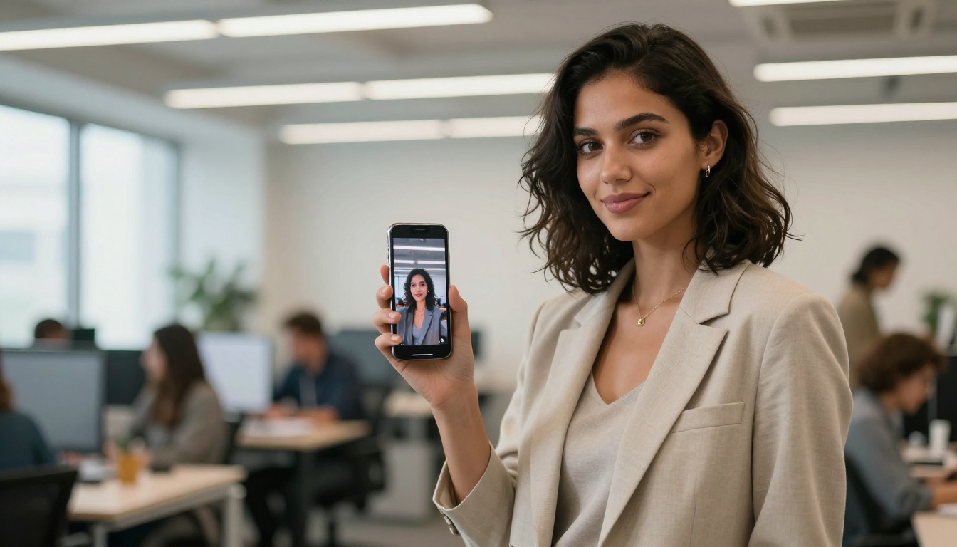Woman smiling with smartphone in co-working space