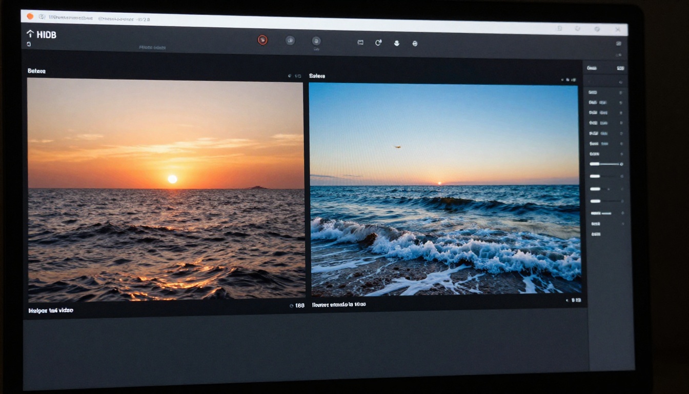 Close-up macro of monitor screen showing before and after photo animation interface with settings