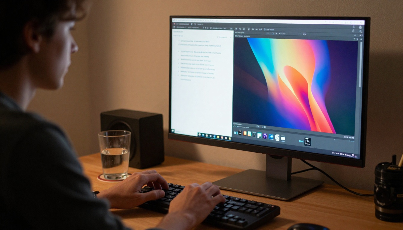 Over-the-shoulder shot of a professional typing with a split-screen showing text and video preview