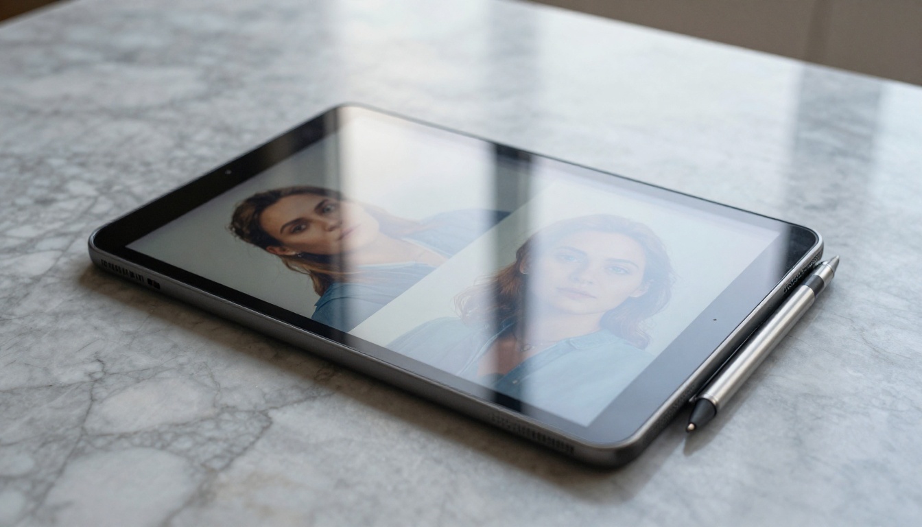Tablet showing AI image transformation on marble surface