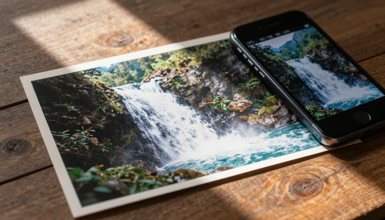 Vintage matte photograph of waterfall beside smartphone showing animated video version
