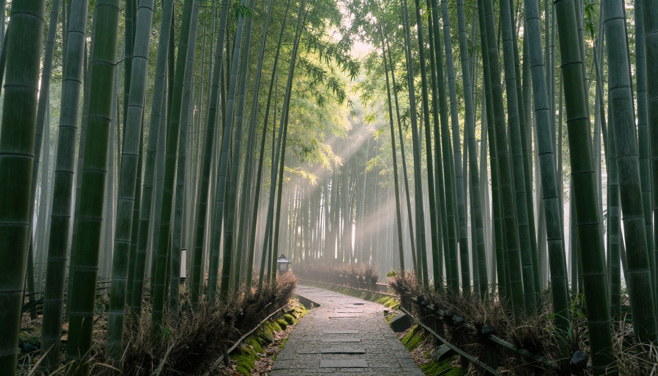 Cinematic wide shot of a serene Japanese bamboo forest at dawn with morning mist