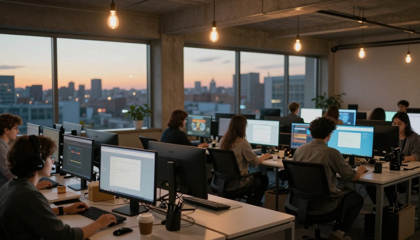 Wide angle shot of a modern creative agency workspace at dusk with glowing monitors