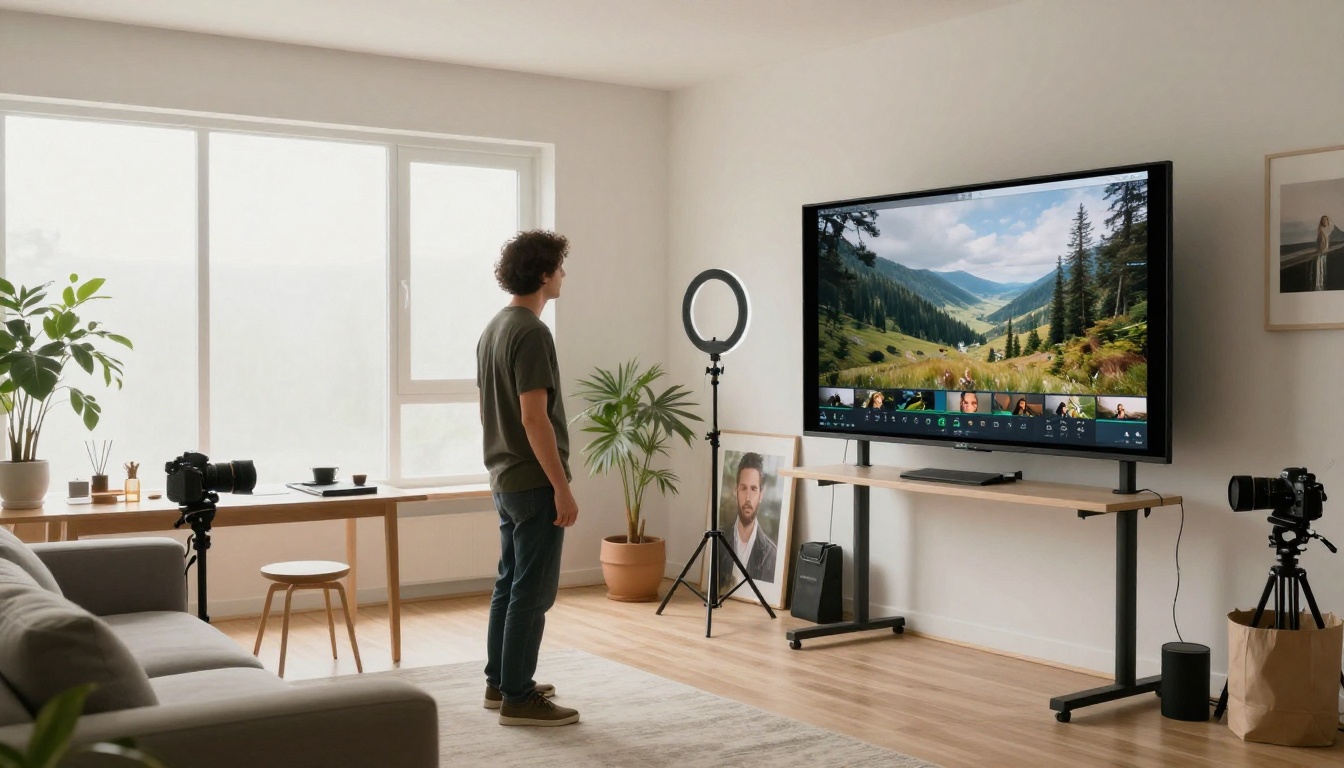 Wide shot of home photography studio with professional reviewing animated video on large curved monitor