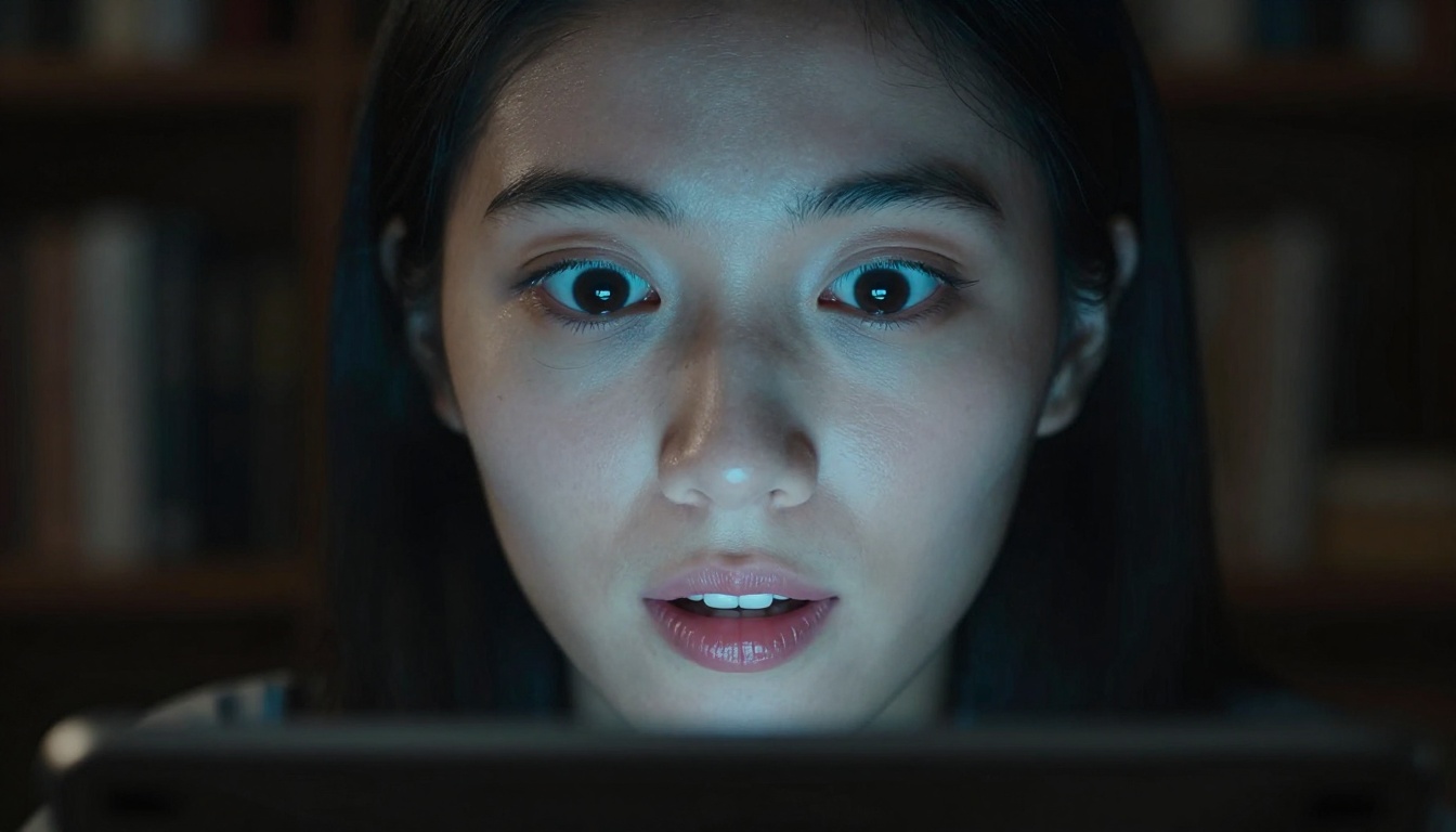 Woman's face illuminated by tablet screen in dark room, eyes reflecting animated video playback