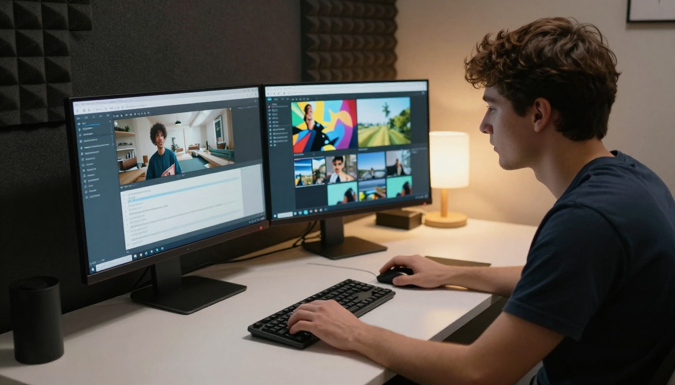 A person browsing an AI video generation dashboard on a large curved monitor