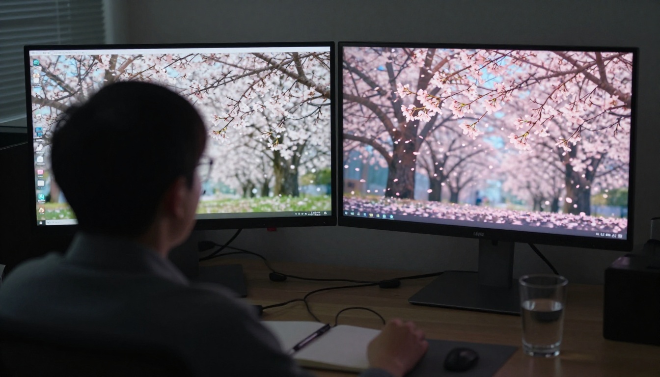 Over-the-shoulder view of person at dual monitors showing original photo and animated video side by side