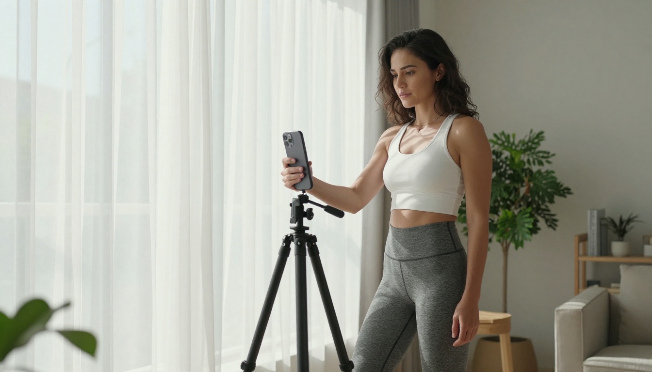A woman setting up her phone to record vertical video content near a bright apartment window