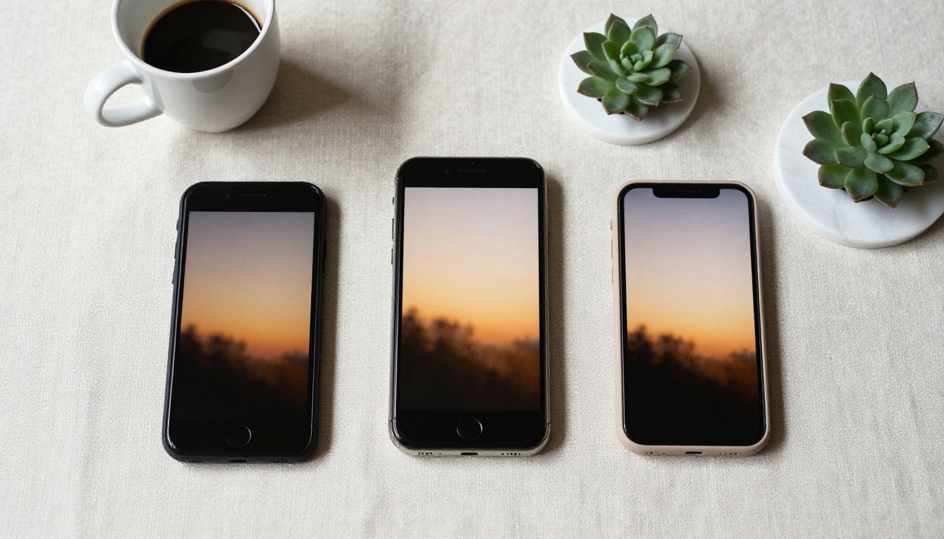 Multiple smartphones on a linen surface showing different vertical video content