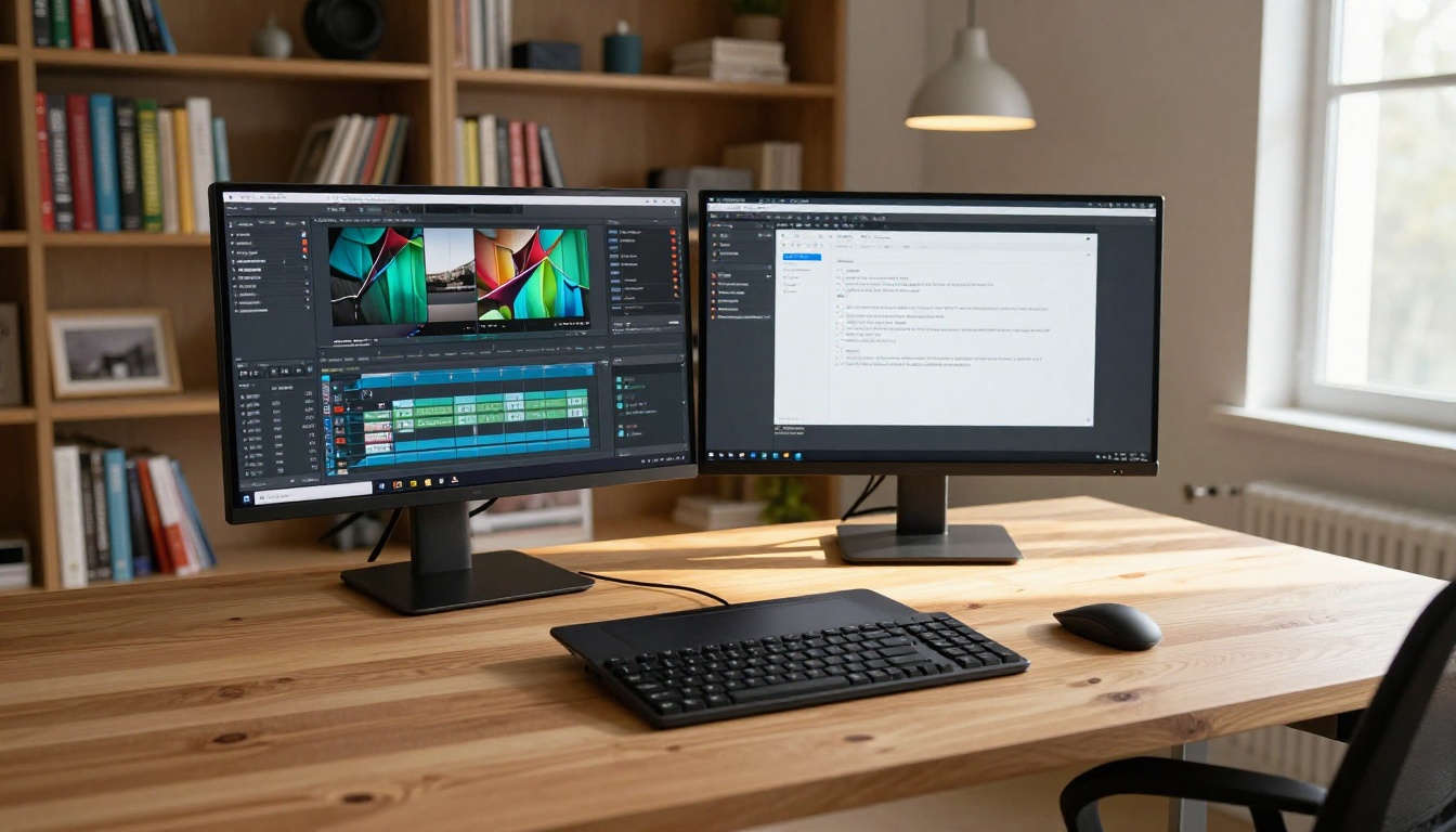 A dual-monitor creative workspace with a video editing timeline and an AI generation interface open simultaneously
