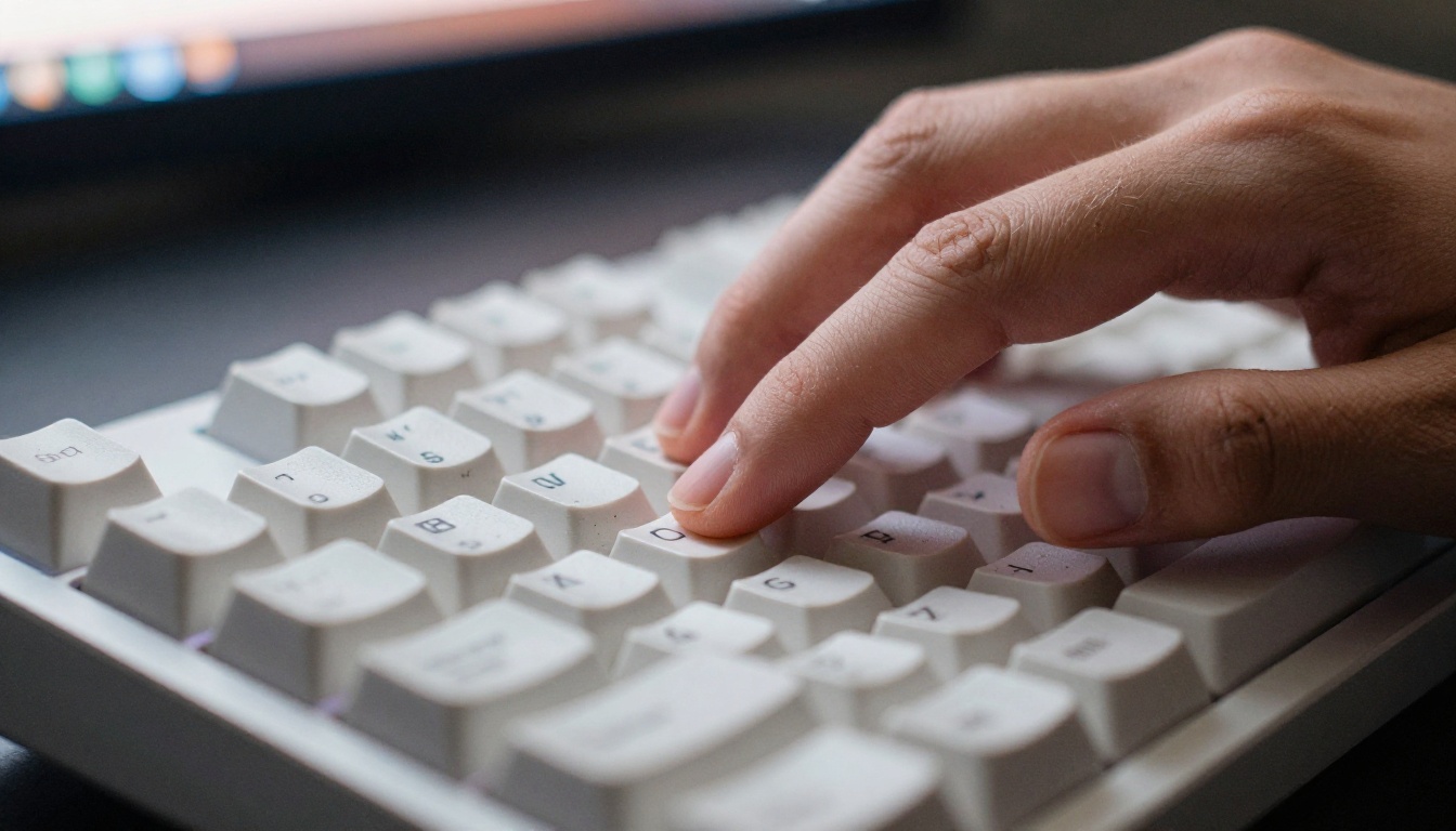 Fingers typing on a backlit mechanical keyboard in close-up with bokeh monitor background