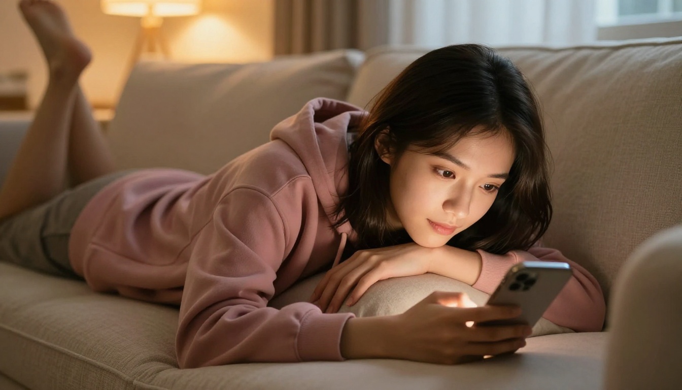 A young woman lying on a sofa watching vertical video content on her smartphone