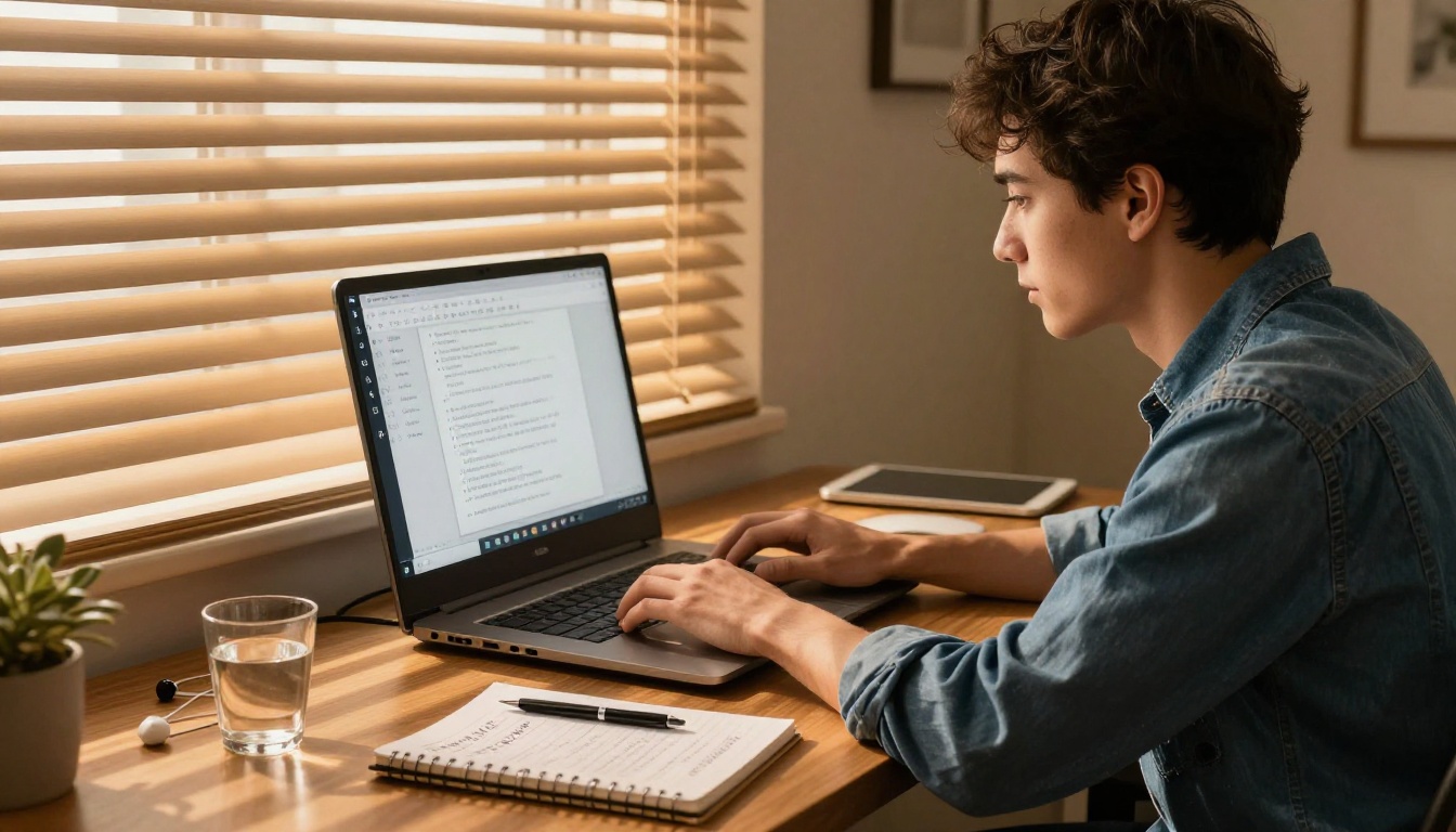 A creative professional working at a standing desk with multiple browser tabs open and organized notes nearby
