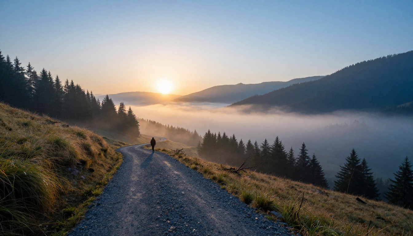 Wide establishing shot of a misty mountain valley at dawn with a winding road and lone traveler silhouetted against the rising sun