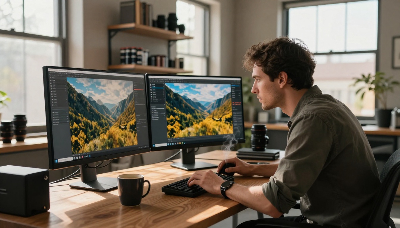 Professional photographer reviewing 4K AI-generated images on dual monitors in a naturally lit studio