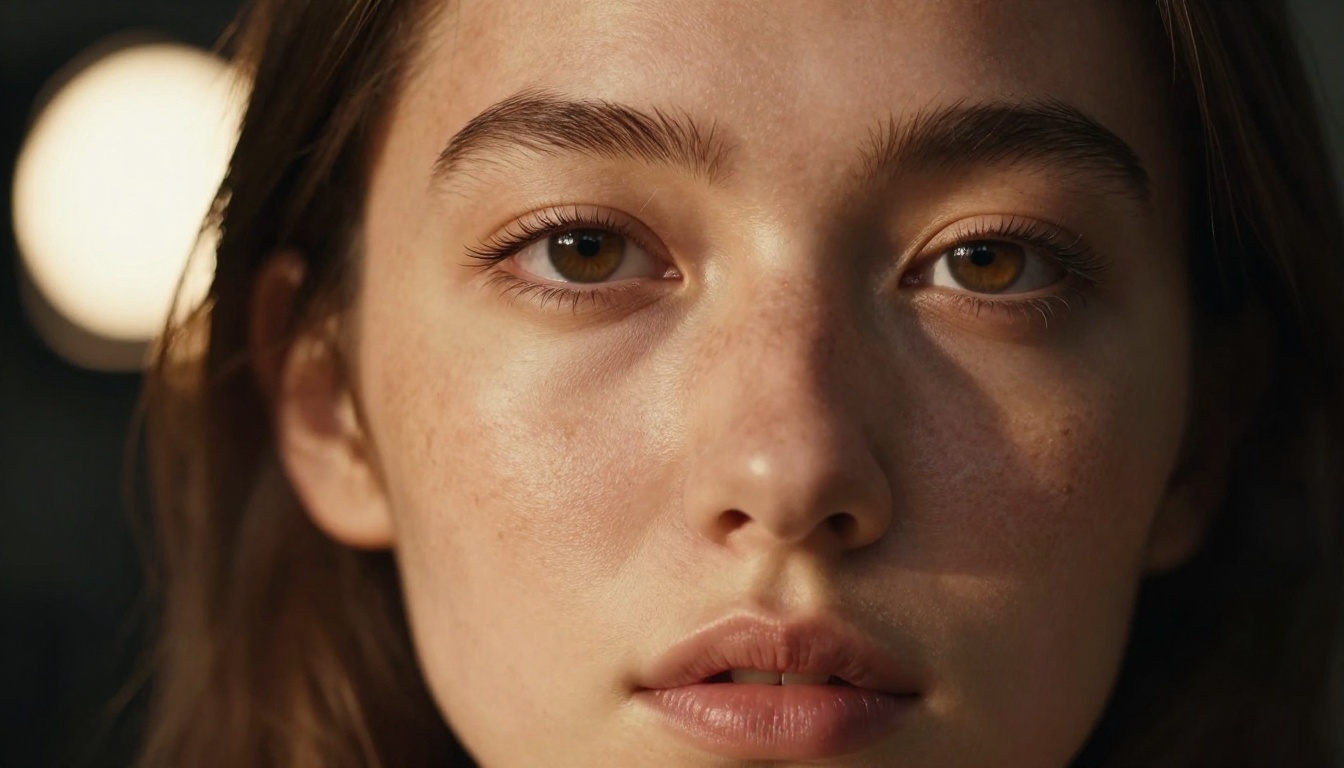 Extreme close-up portrait with dramatic Rembrandt lighting showing natural freckles, precise shadow transitions, and individual eyelash detail