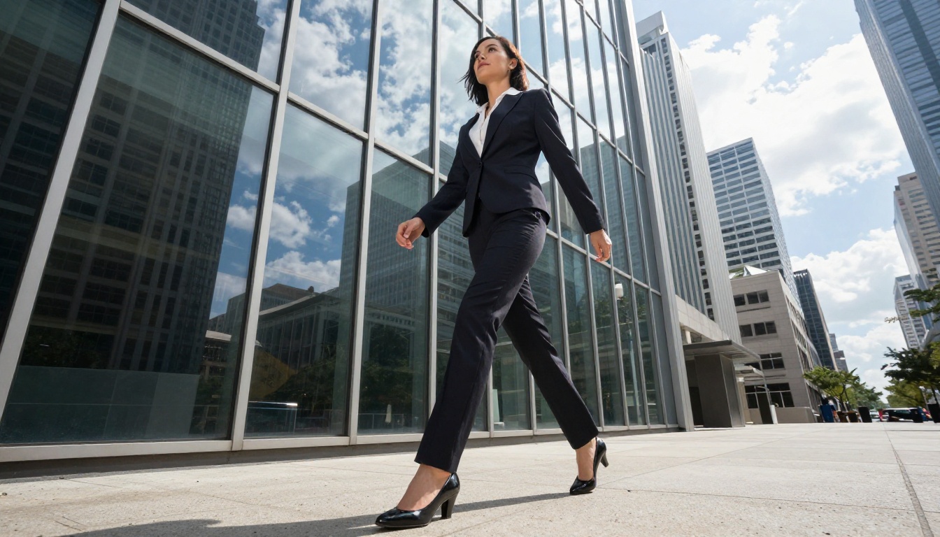 Dramatic low-angle upward shot of a confident businesswoman striding through a glass-and-steel financial district at midday