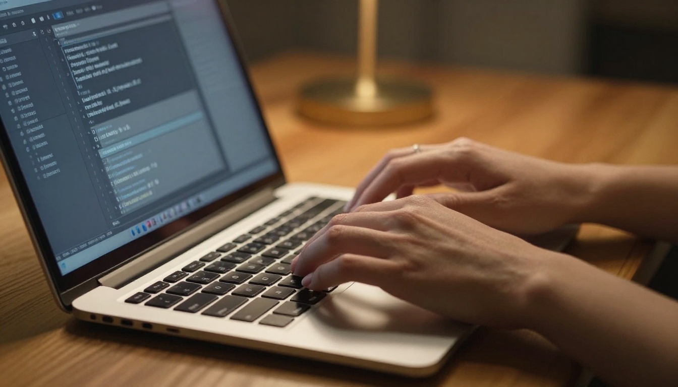 Close-up of hands typing a creative video prompt on a laptop keyboard with warm amber rim lighting Close-up of hands typing a creative video prompt on a laptop keyboard with warm amber rim lighting