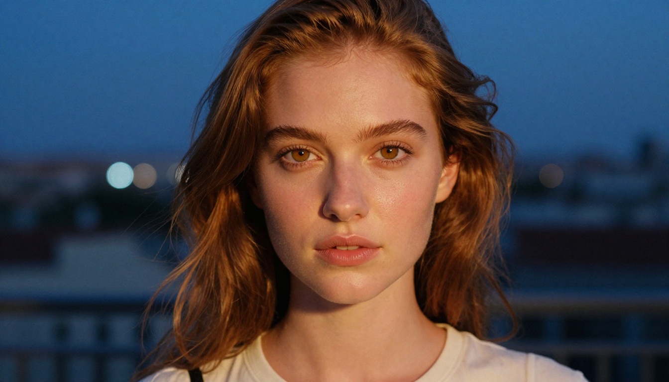 Close-up portrait of a woman with amber-hazel eyes, skin pores and individual hair strands in photorealistic 4K sharpness